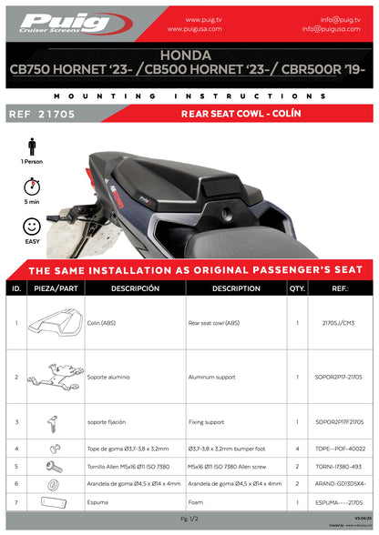 Puig Rear Seat Cowls Honda CB500 Hornet 2023-2025