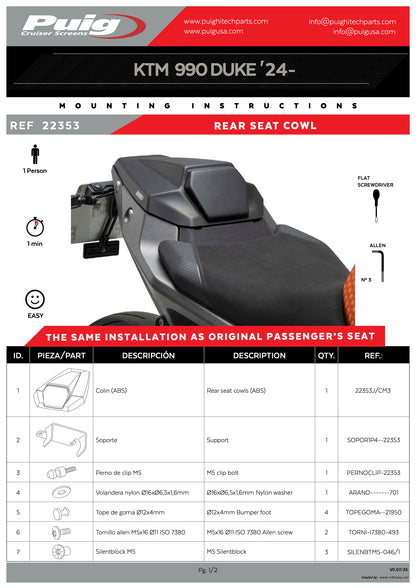 Puig Rear Seat Cowl Solo Seat Fairing KTM 990 Duke, R 2024-2025