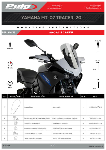Puig Sport Windscreen Yamaha Tracer 7, GT 2021-2025, 700 2020
