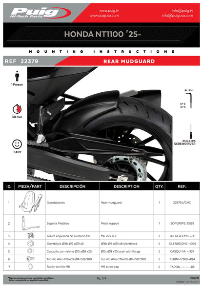 Puig Rear Fender Tire Hugger Honda NT1100 2025