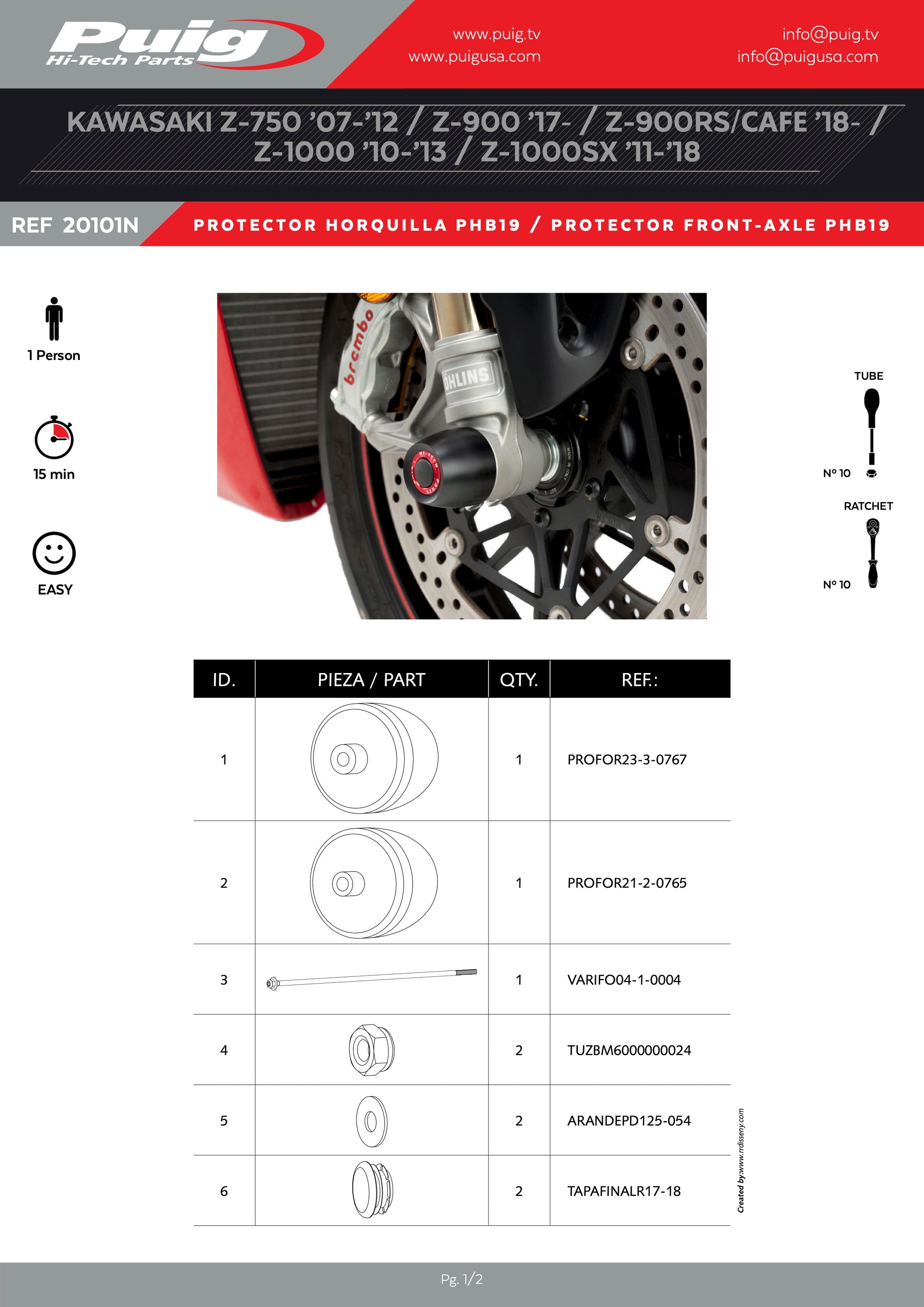 Puig PHB19 Front Fork Protector Kawasaki Z1000/Z900/Z750 2007-2026 - Adventure Parts