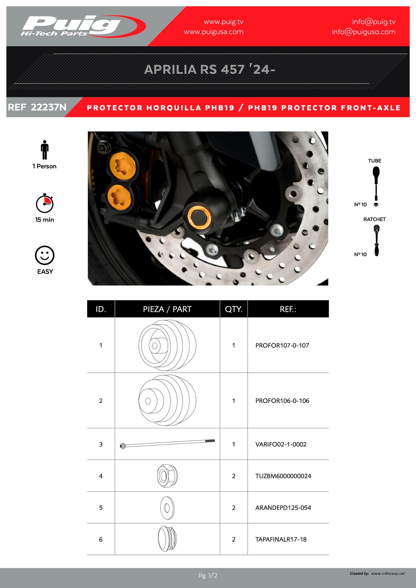 Puig PHB19 Front Fork Protector Aprilia RS 457 2024-2025