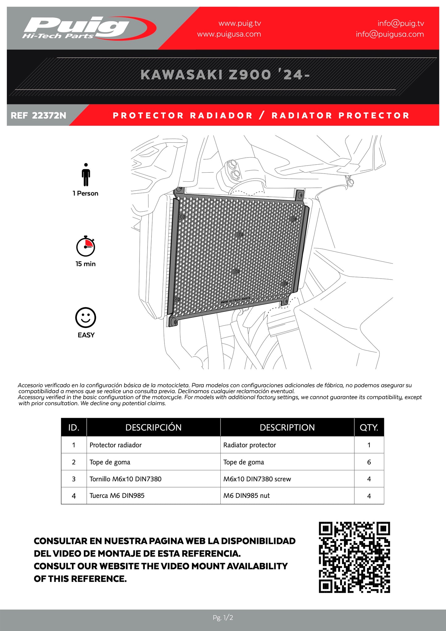 Puig Radiator Protector Kawasaki Z900/SE 2017-2025