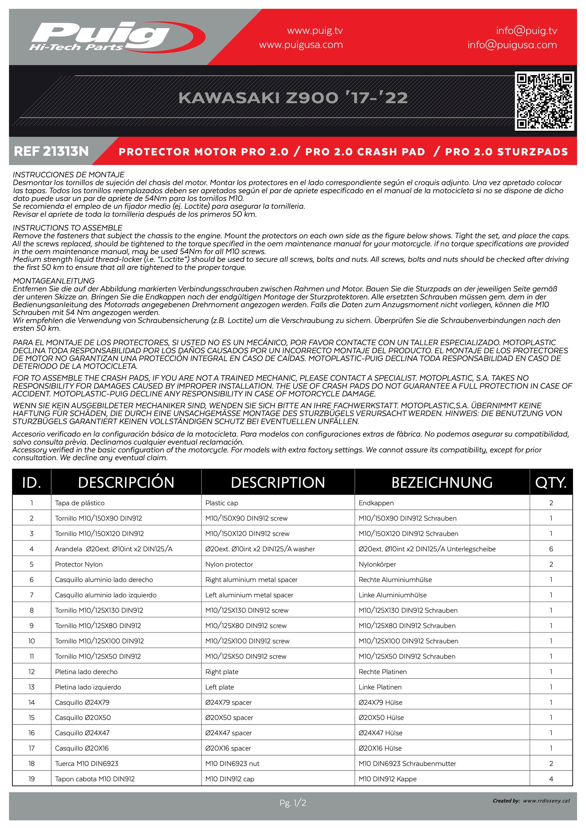 Puig Frame Sliders Spares Kawasaki Z900 2025 - Adventure Parts