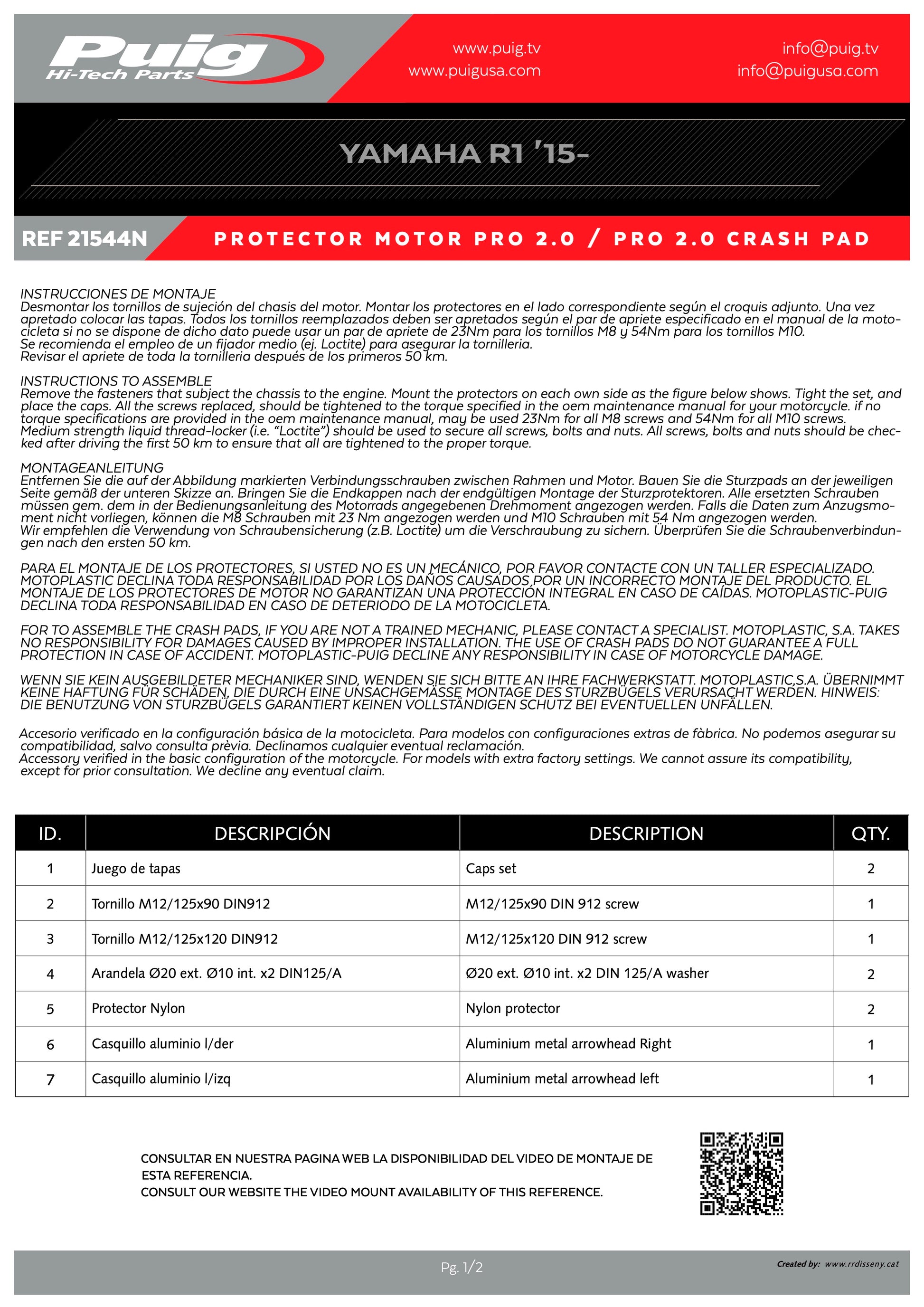 Puig Pro 2.0 Frame Sliders Yamaha YZF-R1 2015-2026 - Adventure Parts