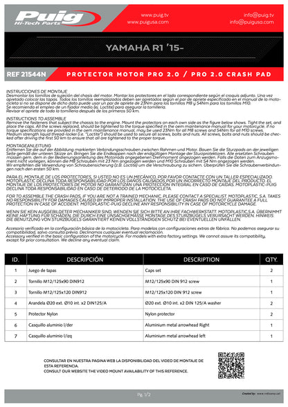 Puig Pro 2.0 Frame Sliders Yamaha YZF-R1 2015-2026 - Adventure Parts