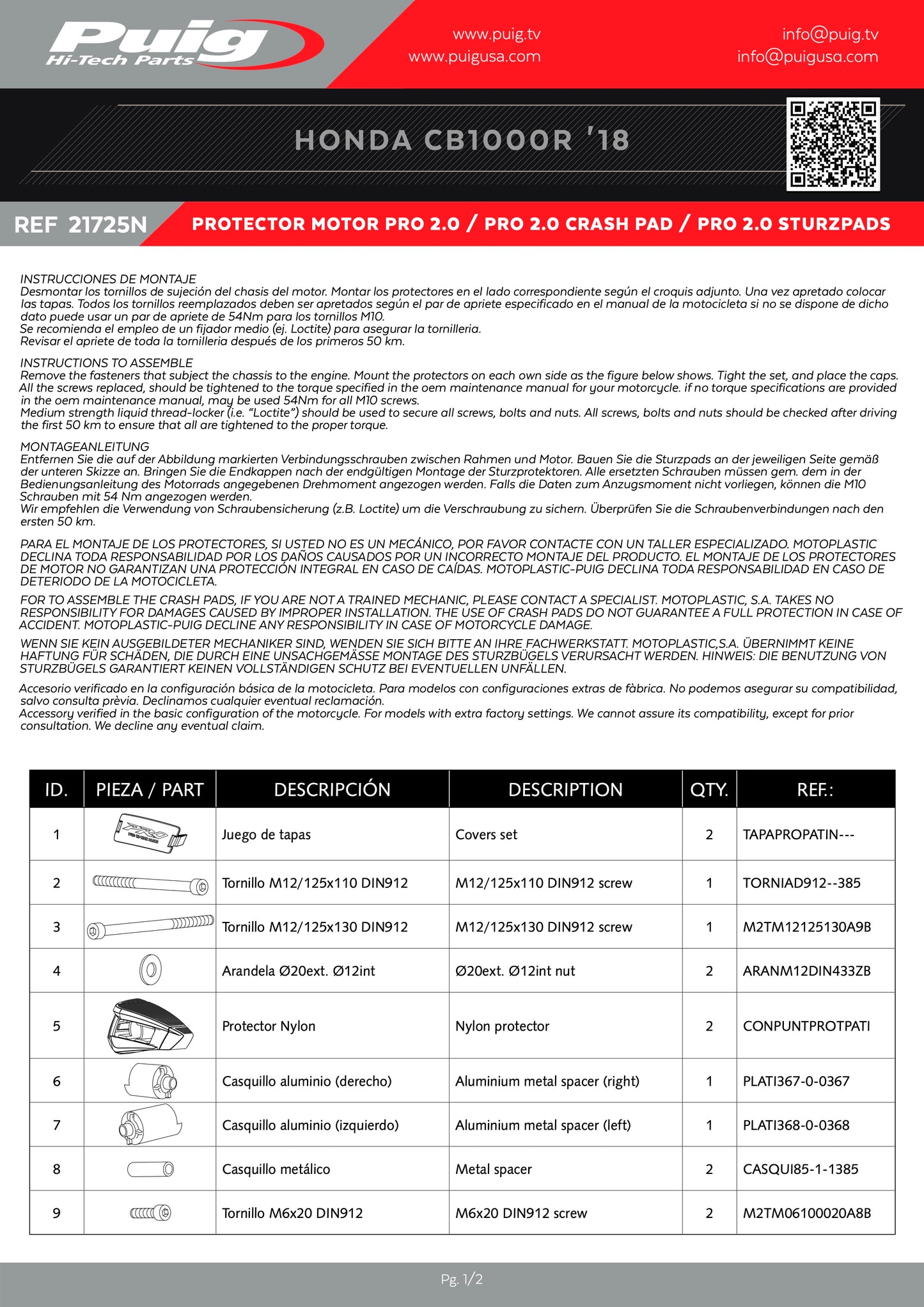 Puig Frame Sliders Pro 2.0 HONDA CB1000R 2018-2025