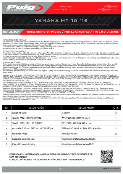 Puig Pro 2.0 Frame Sliders YAMAHA MT-10 2017-2025
