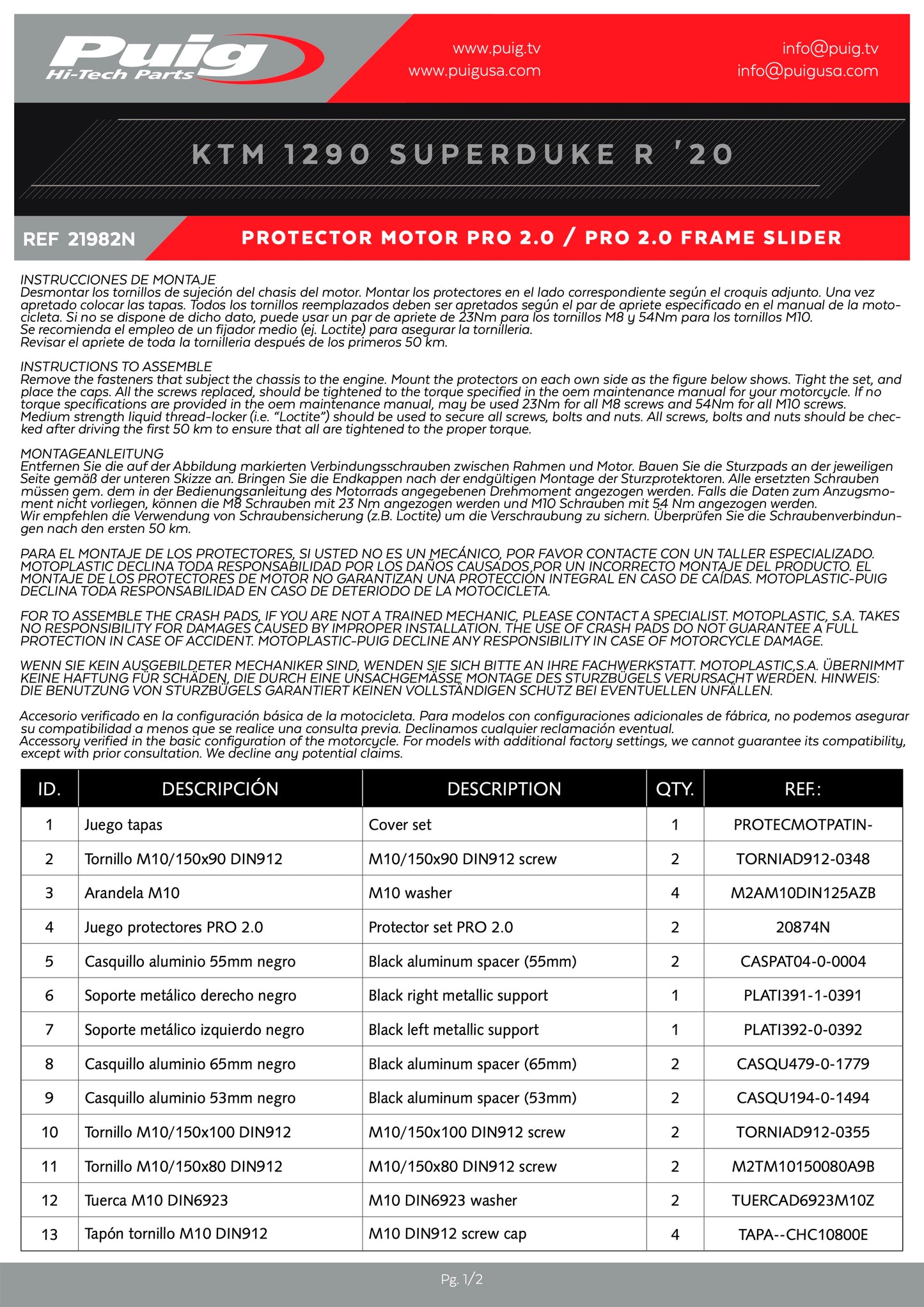 Puig Pro 2.0 Frame Sliders KTM 1290 SUPERDUKE R 2020-2025