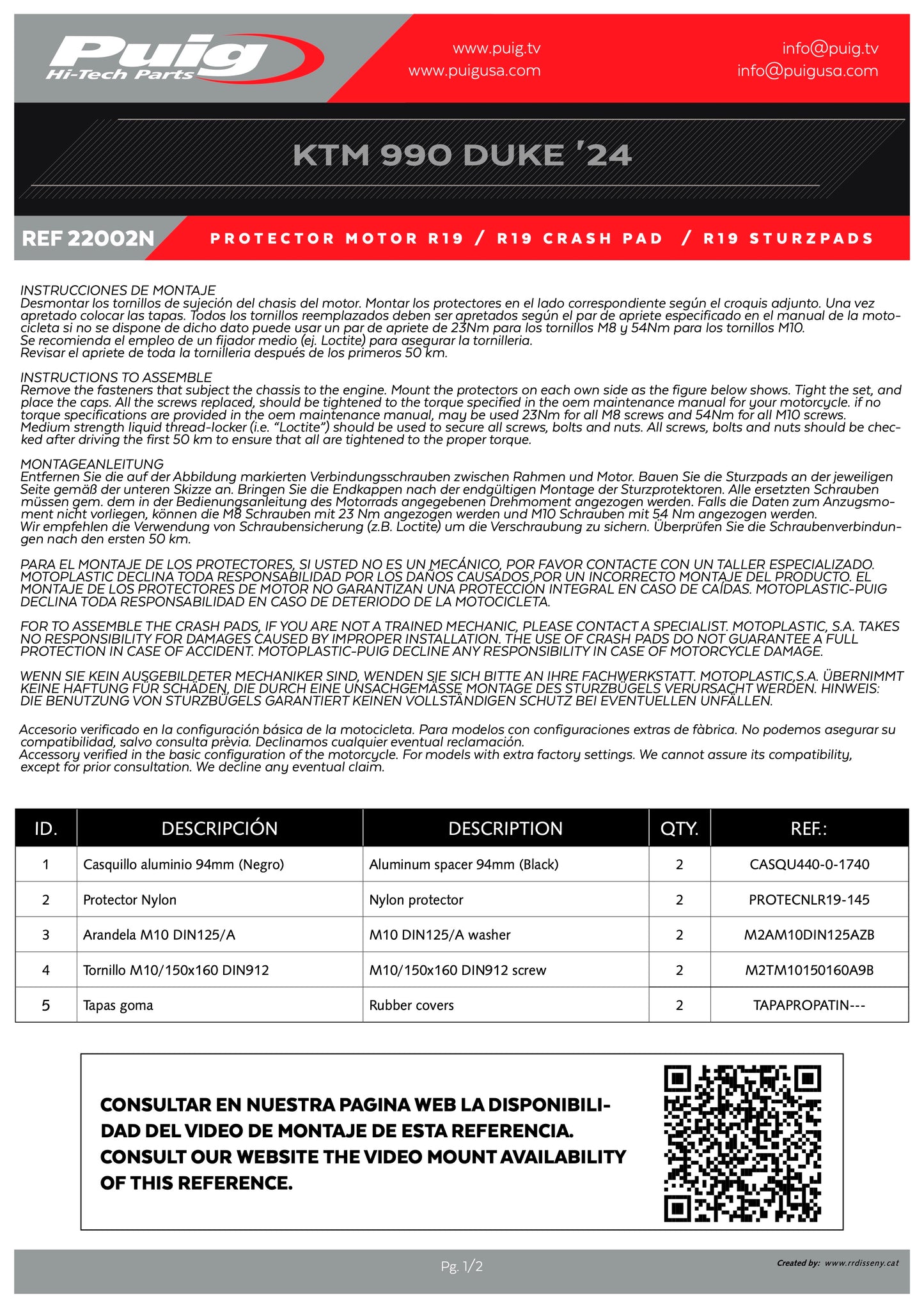 Puig R19 Frame Sliders KTM 990 DUKE 2024-2025