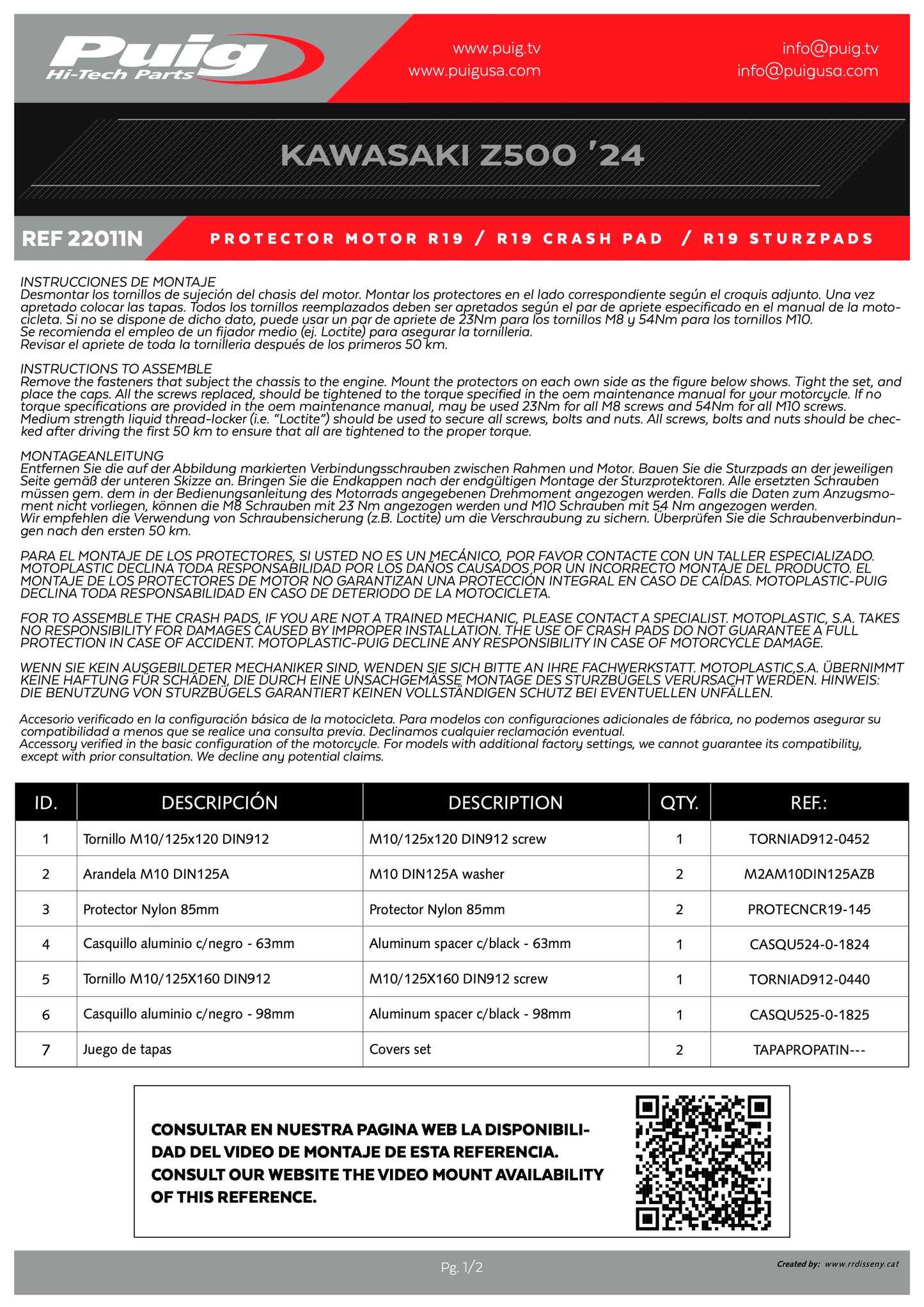 Puig R19 Frame Sliders KAWASAKI Z500 2024-2025