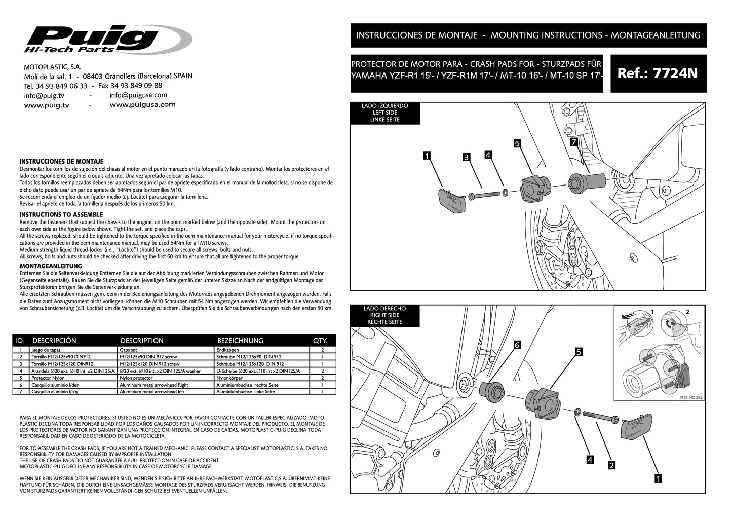 Puig R19 Frame Sliders Yamaha YZF-R1 2015-2026 - Adventure Parts
