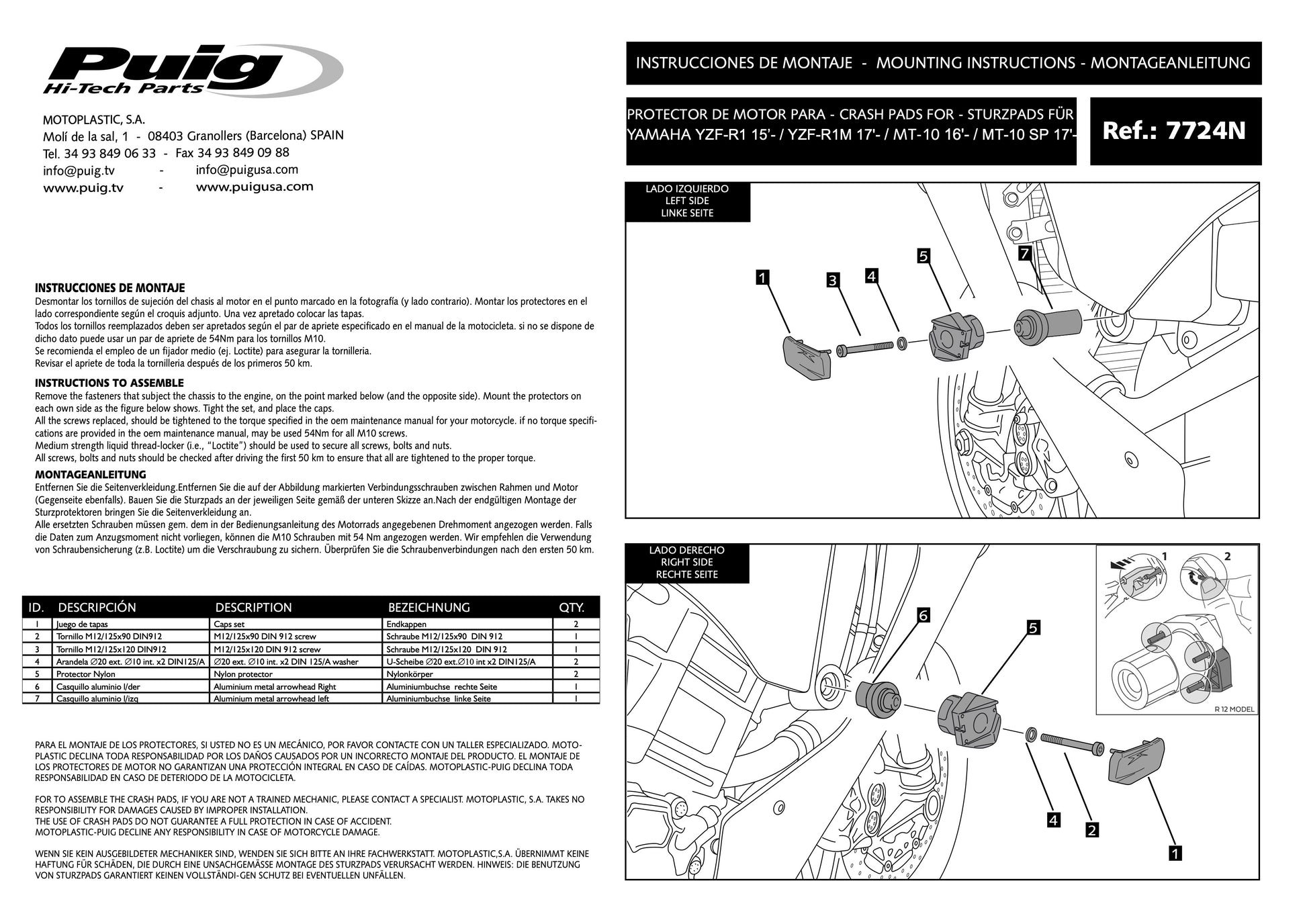 Puig R19 Frame Sliders Yamaha YZF-R1 2015-2026 - Adventure Parts