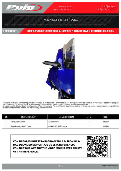 Puig Rearview Mirror Aileron Left Yamaha YZF-R1 2020-2025