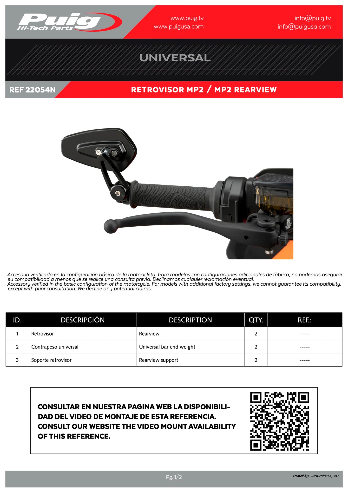 Puig Back MP2 Motorcycle Mirrors - Universal (Sold Individually)