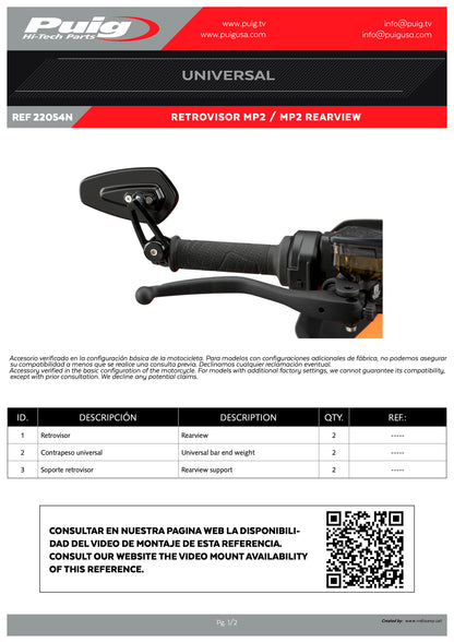 Puig Back MP2 Motorcycle Mirrors - Universal (Sold Individually)