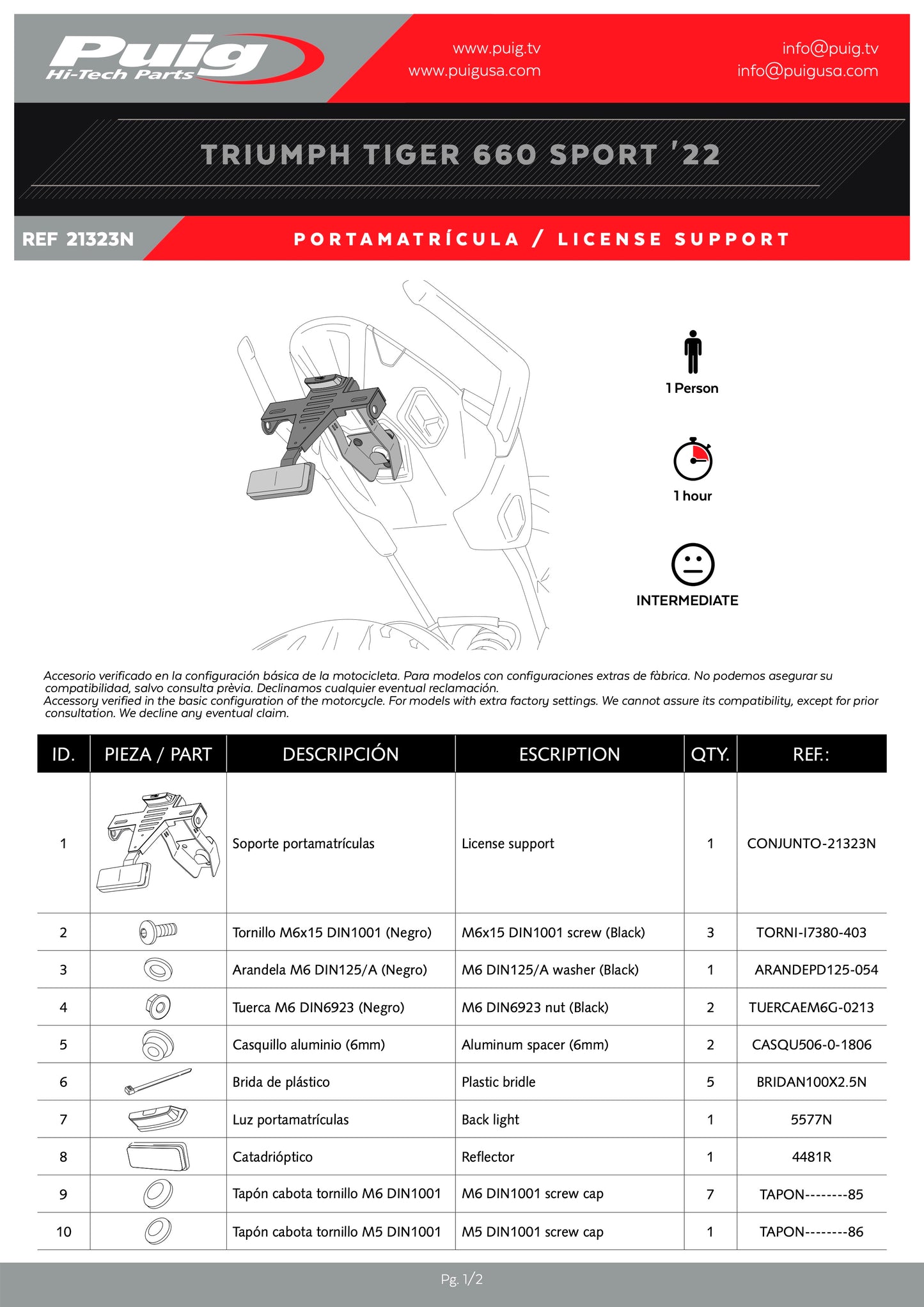 Puig License Plate Holders TRIUMPH TIGER SPORT 660 2022-2025