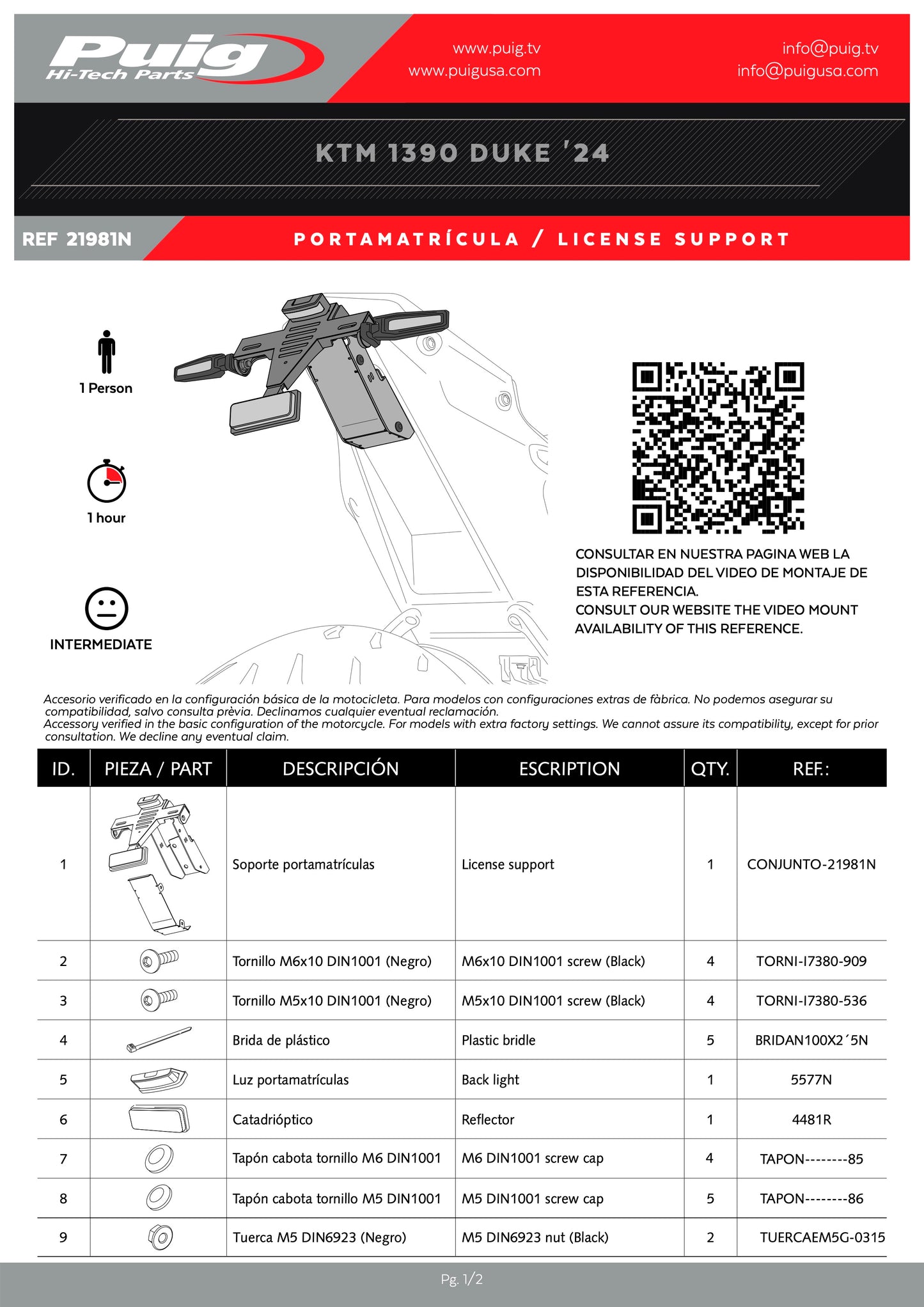 Puig License Plate Holders KTM 1390 SUPER DUKE R 2024-2025