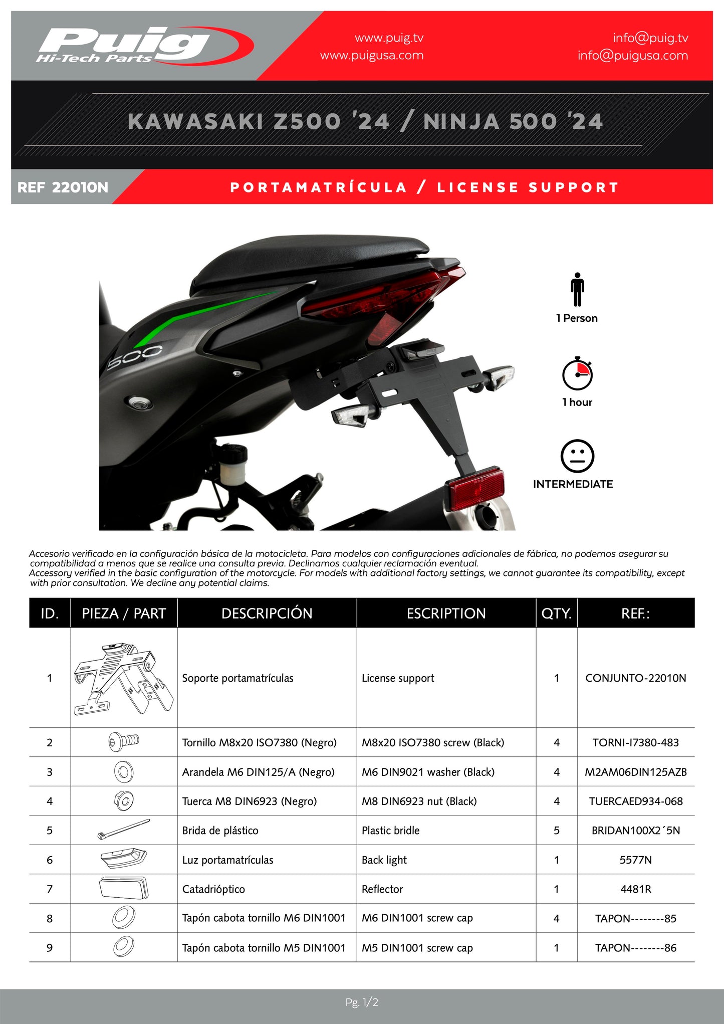 Puig License Plate Holders KAWASAKI NINJA 500 2024-2025