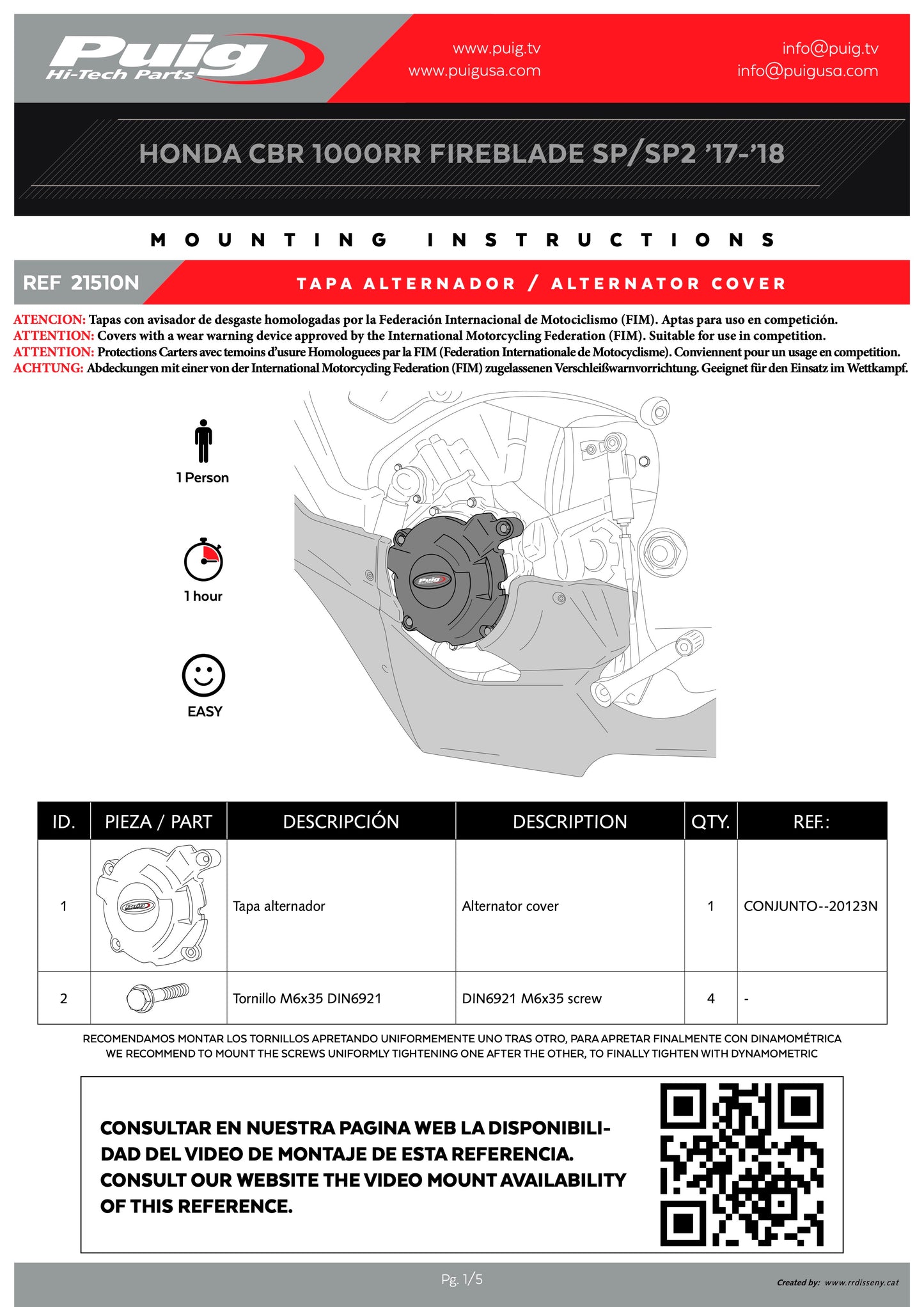 Puig Engine Covers Track for Championship Honda CBR 1000 RR ABS Fireblade 2009-2025
