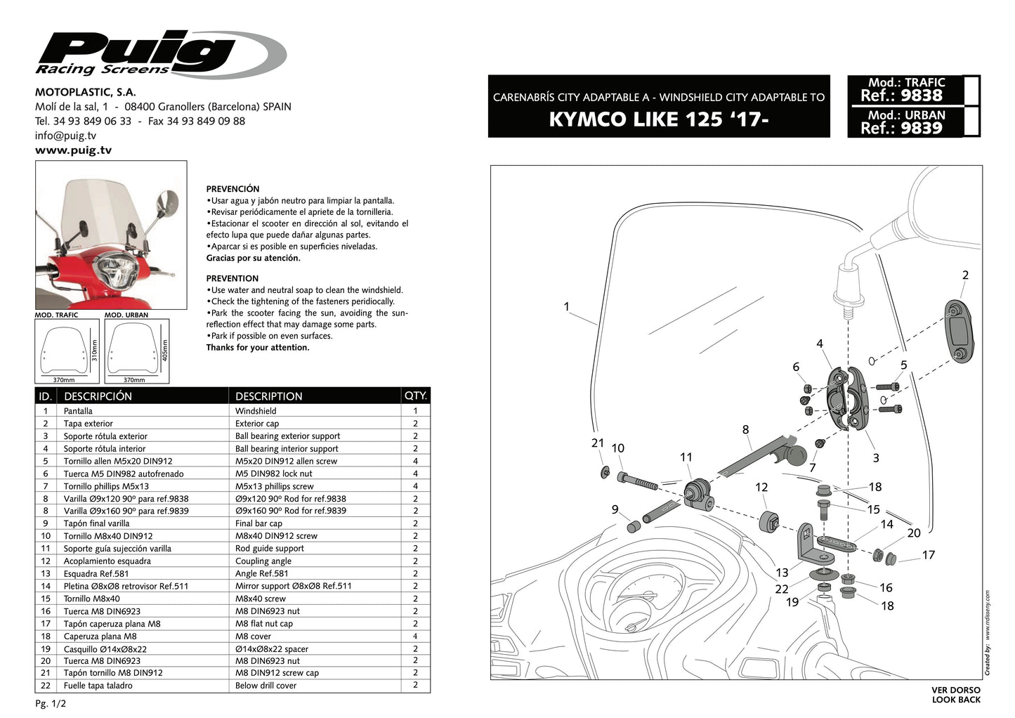 Puig Trafic KYMCO LIKE 125 2017-2023