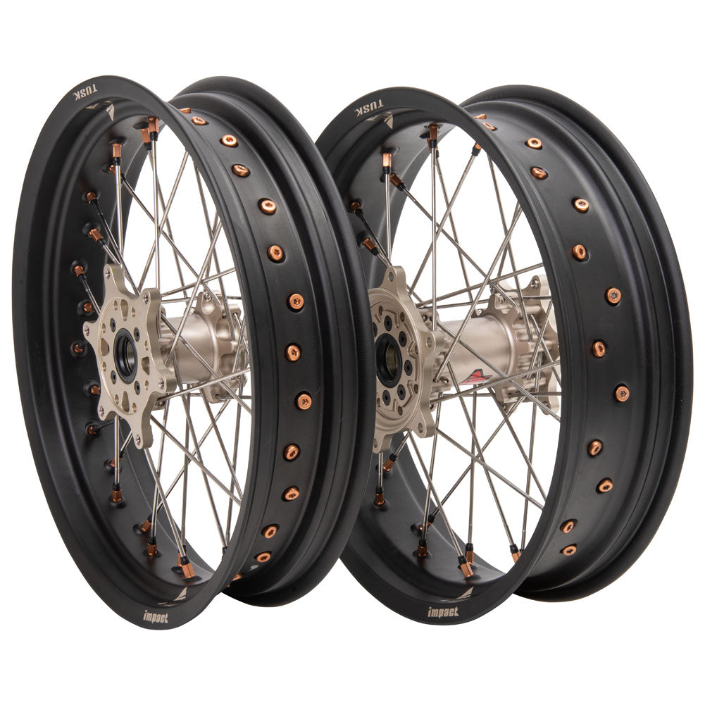 Tusk Impact Supermoto Complete Front and Rear Wheel Set 3.50 x 17 / 4.25 x 17 Matte Black Rim/Silver Spoke/Magnesium Hub/Magnesium Nipple Husqvarna FC 250 2014–2025