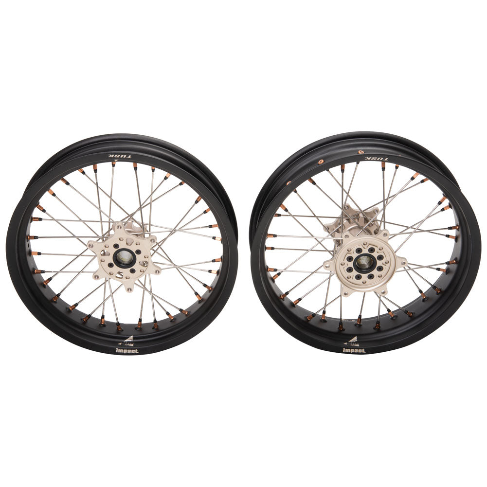 Tusk Impact Supermoto Complete Front and Rear Wheel Set 3.50 x 17 / 4.25 x 17 Matte Black Rim/Silver Spoke/Magnesium Hub/Magnesium Nipple Husqvarna FC 250 2014–2025