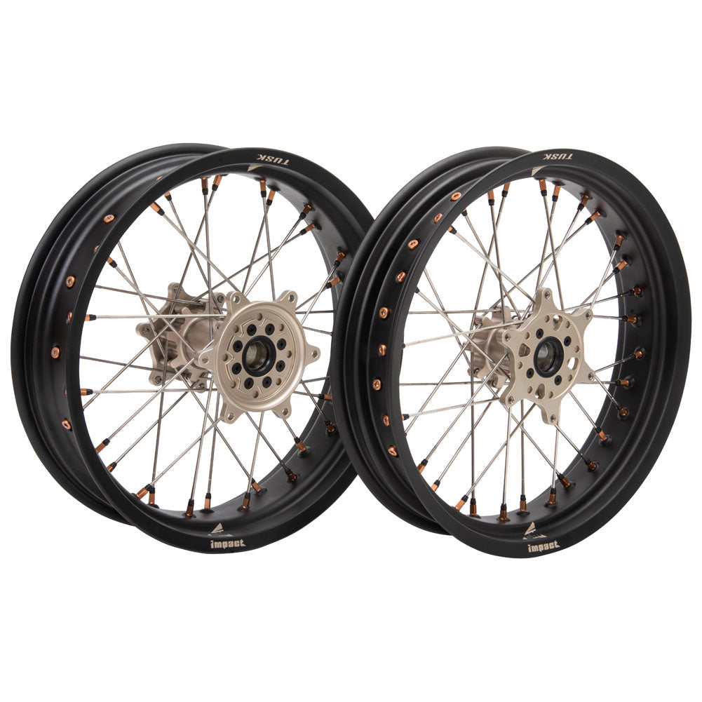 Tusk Impact Supermoto Complete Front and Rear Wheel Set 3.50 x 17 / 4.25 x 17 Matte Black Rim/Silver Spoke/Magnesium Hub/Magnesium Nipple Husqvarna FC 250 2014–2025