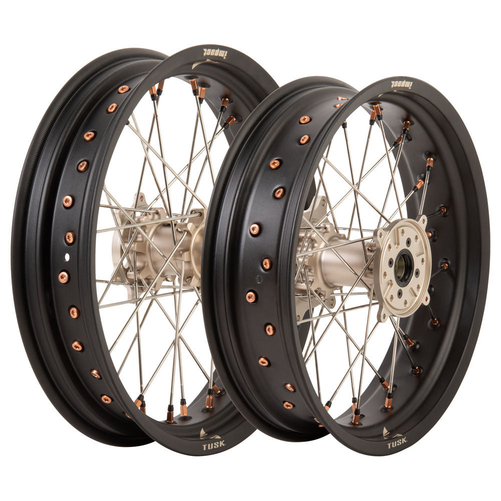 Tusk Impact Supermoto Complete Front and Rear Wheel Set 17 x 3.50 Matte Black Rim/Silver Spoke/Magnesium Hub/Magnesium Nipple Honda CR125R 2002–2025 - Adventure Parts